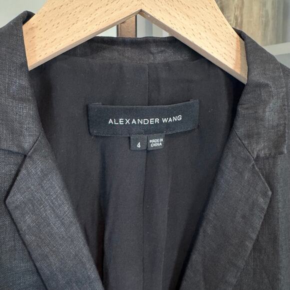 Alexander Wang Linen Blazer Black Glossy Silk Lined Single Breasted Jacket 4 S - Picture 5 of 6